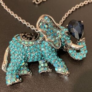 Blue Rhinestone Elephant Brooch/Necklace w/Stainless Steel 24” Chain